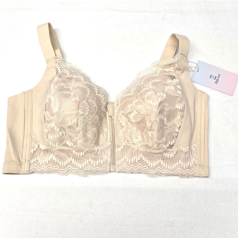 ZipLacy Women Beige Lace Front Zip Wireless Comfor Support Bra‎ Bralette 2XL NWT